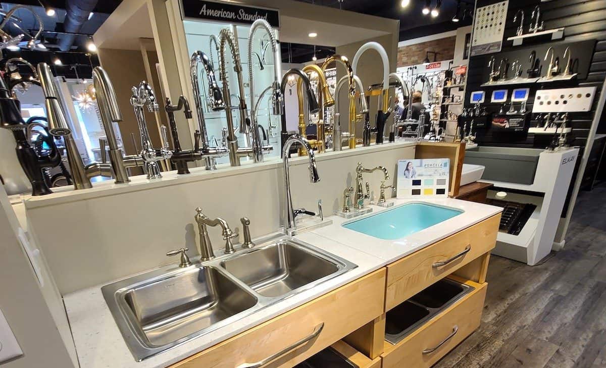 Showroom display featuring sinks, cabinet & hardware.