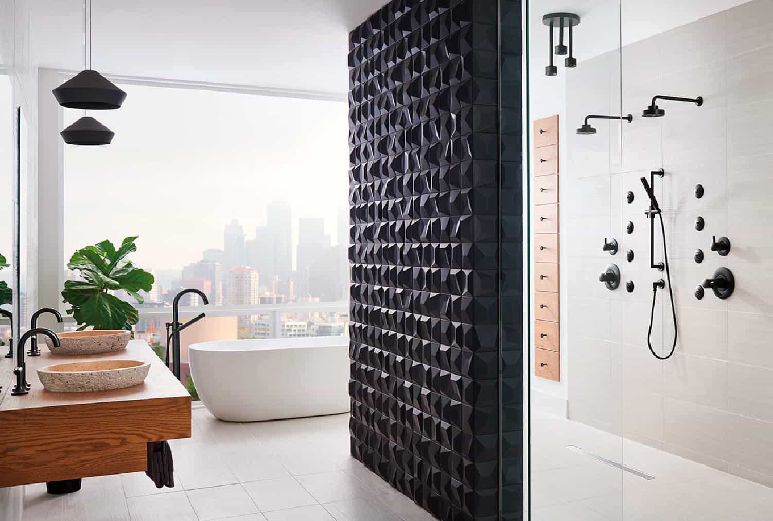 Mid-centruy modern bathroom design ideas including a black tiled wall with white and natural wood accents for the perfect bathroom inspiration
