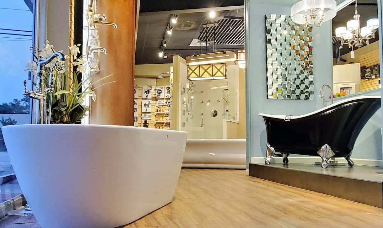 Showroom display featuring bathtubs and lighting