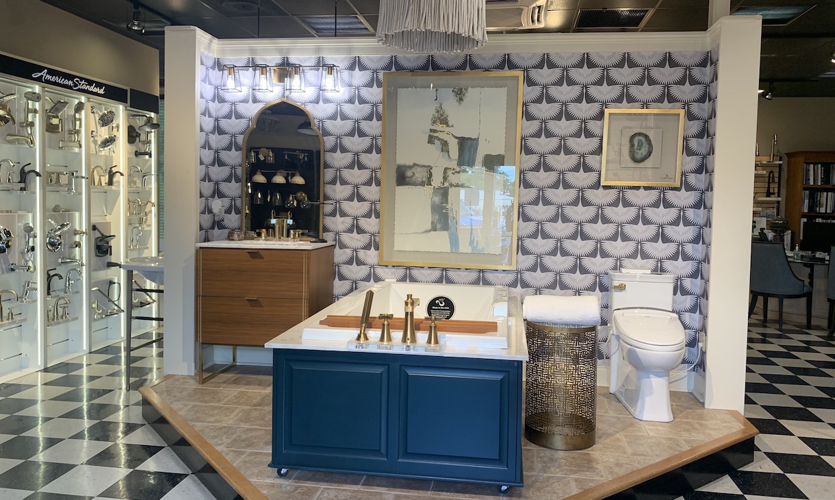 Photo of bathroom items displayed in a showroom