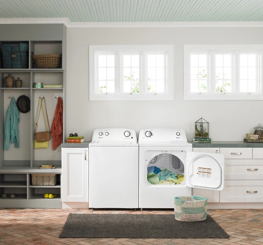 A matching washer and dryer set that is perfect for your next laundry room makeover.