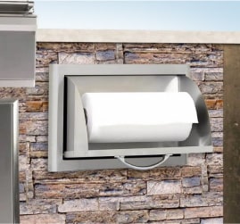 a built-in paper towel holder puts the finishing touch on this outdoor entertainment area. Get more backyard makeover ideas at a Coburn's Showroom near you.