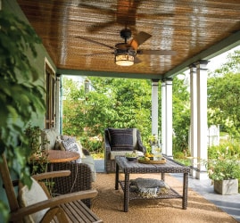 A simple outdoor patio design including a seating area and an outdoor fan. Get more small patio ideas at a Coburn's Showroom near you.